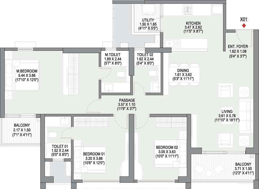 3 BHK Opulent A+ Floor Plan